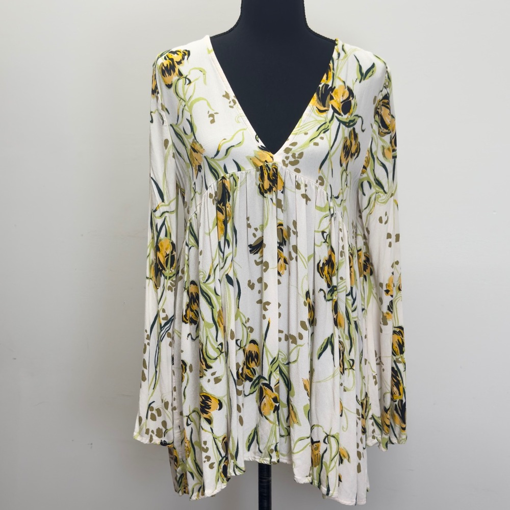Free‎ People Bella Boho Floral Print Tunic Top V Neck Long Sleeve Small S
